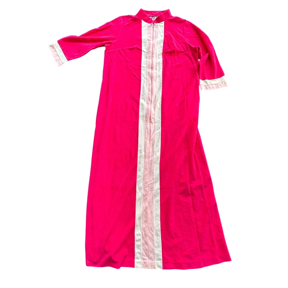 Vanity Fair Vintage Pink Velour Zipper Front Robe Lounger Dress USA Made Medium